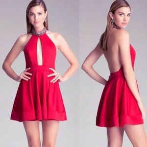 💋 bebe red halter backless deep V embellished dress classy S small New RARE 💋